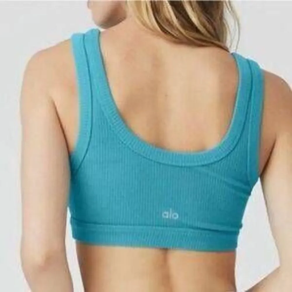 Alo Yoga Wellness Low Impact Ribbed Sports Bra In Blue Small Athletic Workout